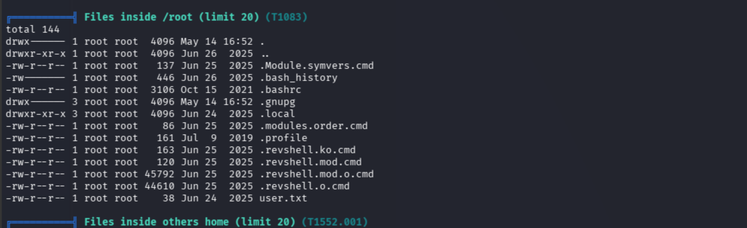 /root directory listing showing revshell kernel module artifacts